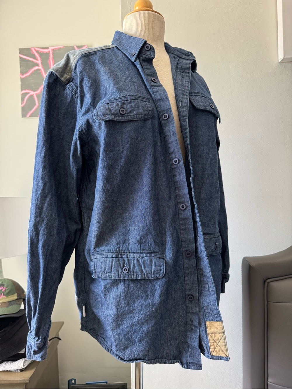 Society Contrast Patchwork Denim Shirt in Blue and Muted Camo
